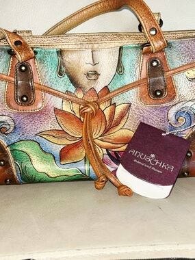 Anuschka Hand-Painted Floral Leather Satchel - Tan, Orange, Green, Blue, Purple